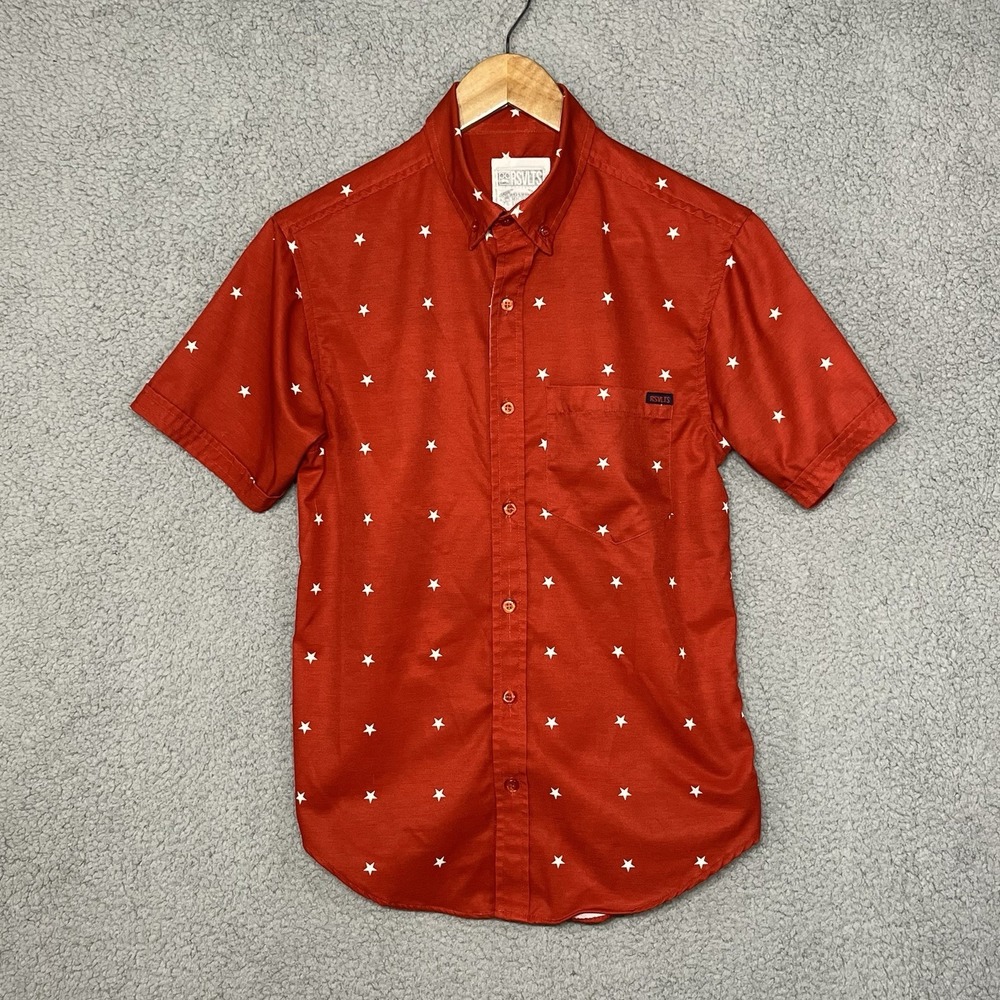 RSVLTS Dare Mighty Things Short Sleeve Button Up Shirt Orange Stars Mens XS
